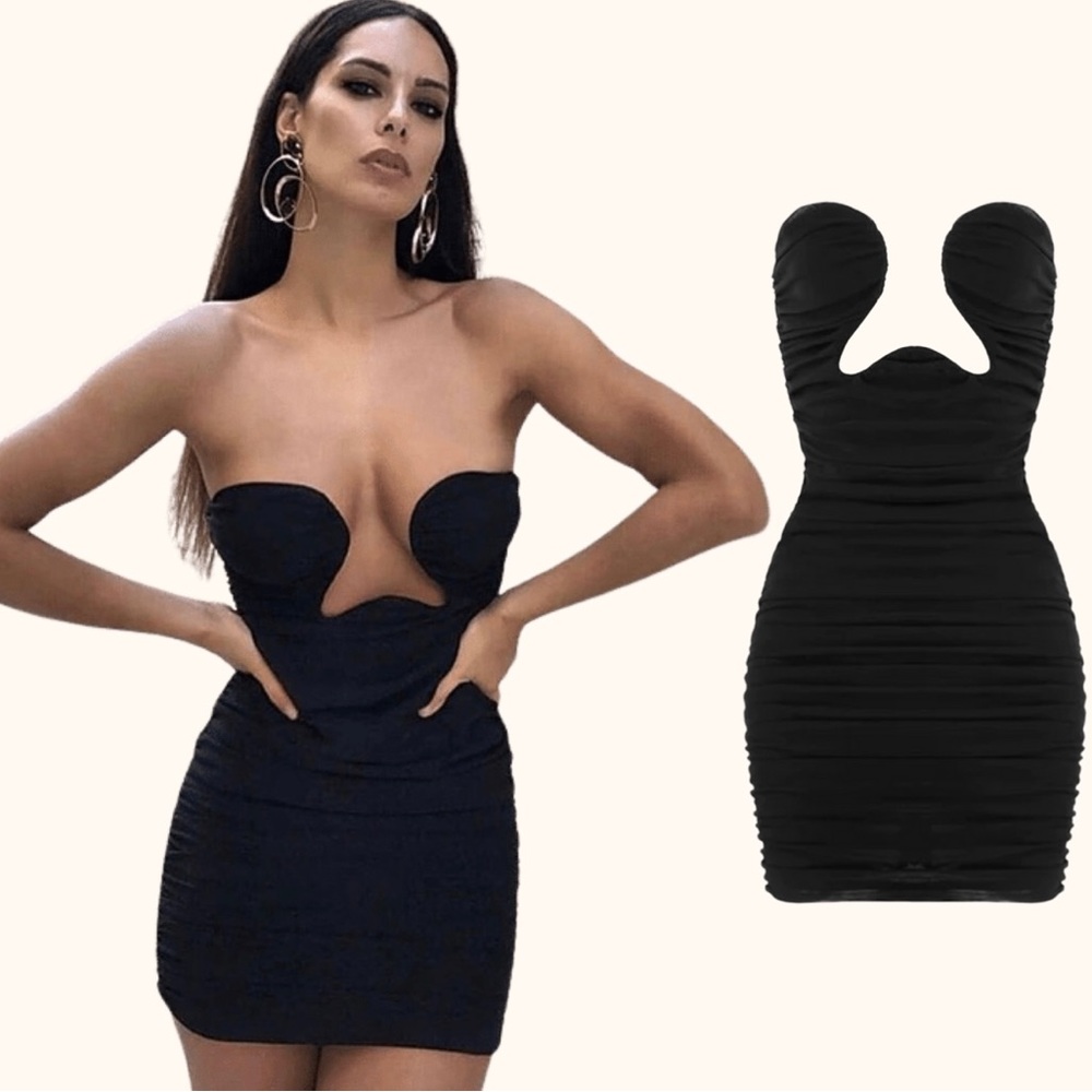 Maison Femalien | Ella Strapless Ruched Mesh Little Black Mini Dress Size M
